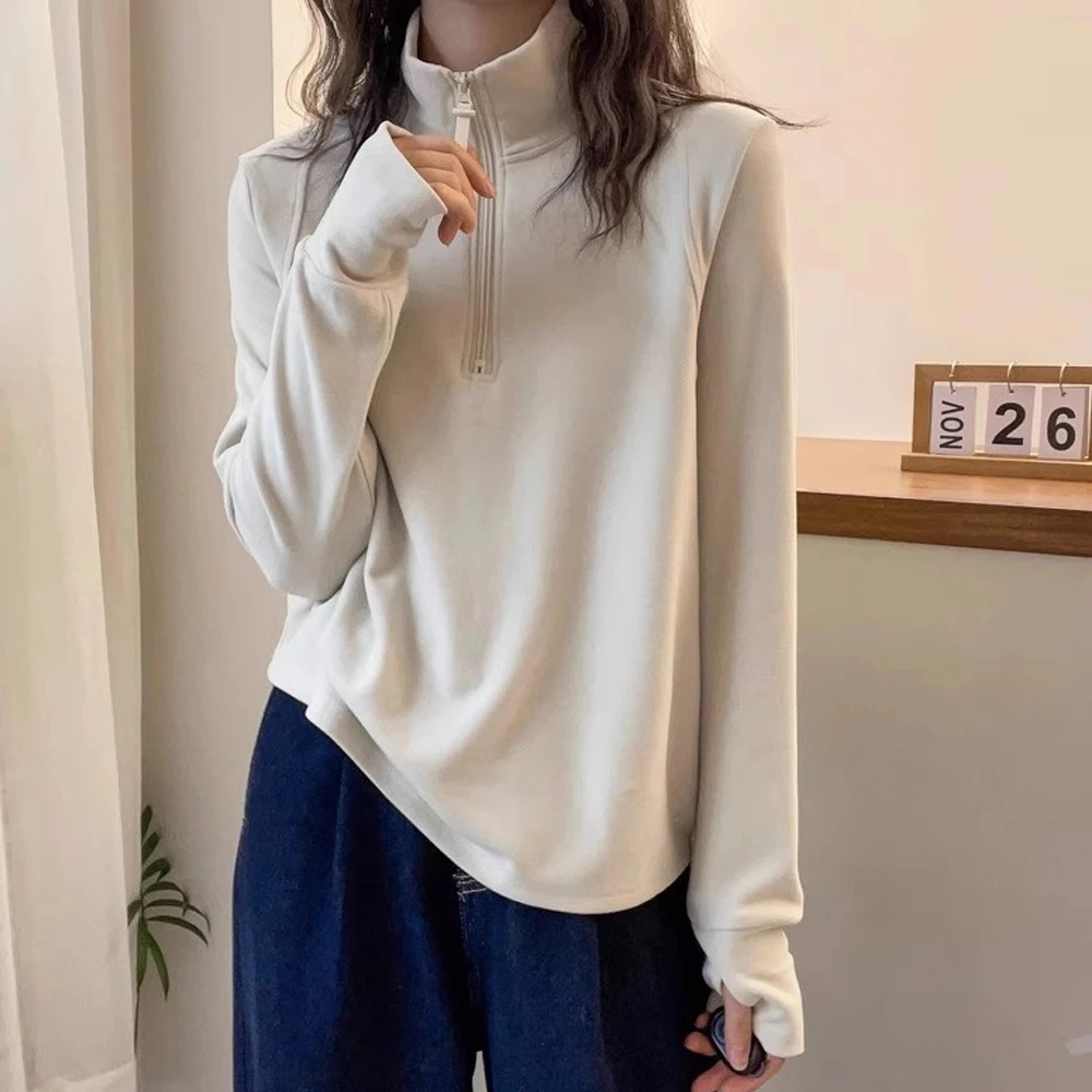 秋冬新款时尚减龄宽松立领插肩袖打底衫女德绒磨毛洋气休闲卫衣女