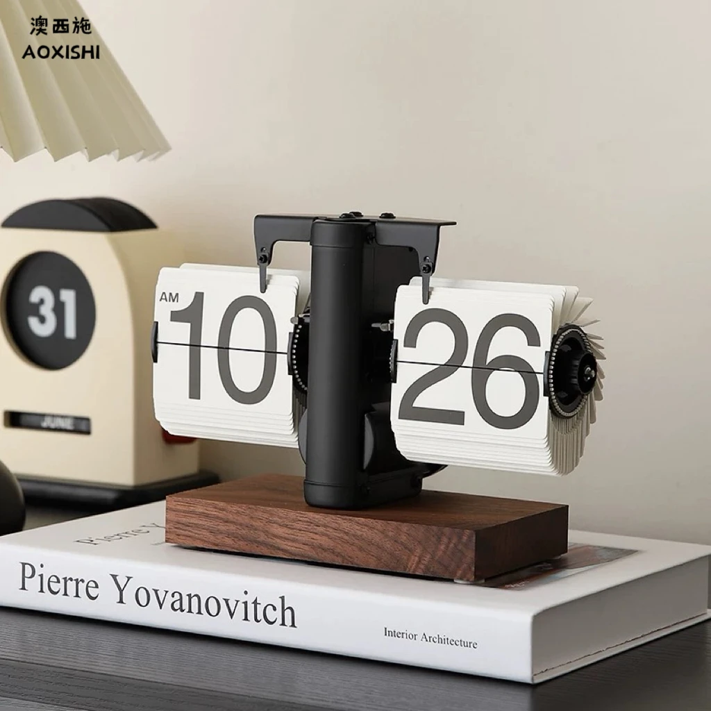 澳西施轻奢自动翻页时钟桌面摆件复古机械表摆台式数字钟表装饰