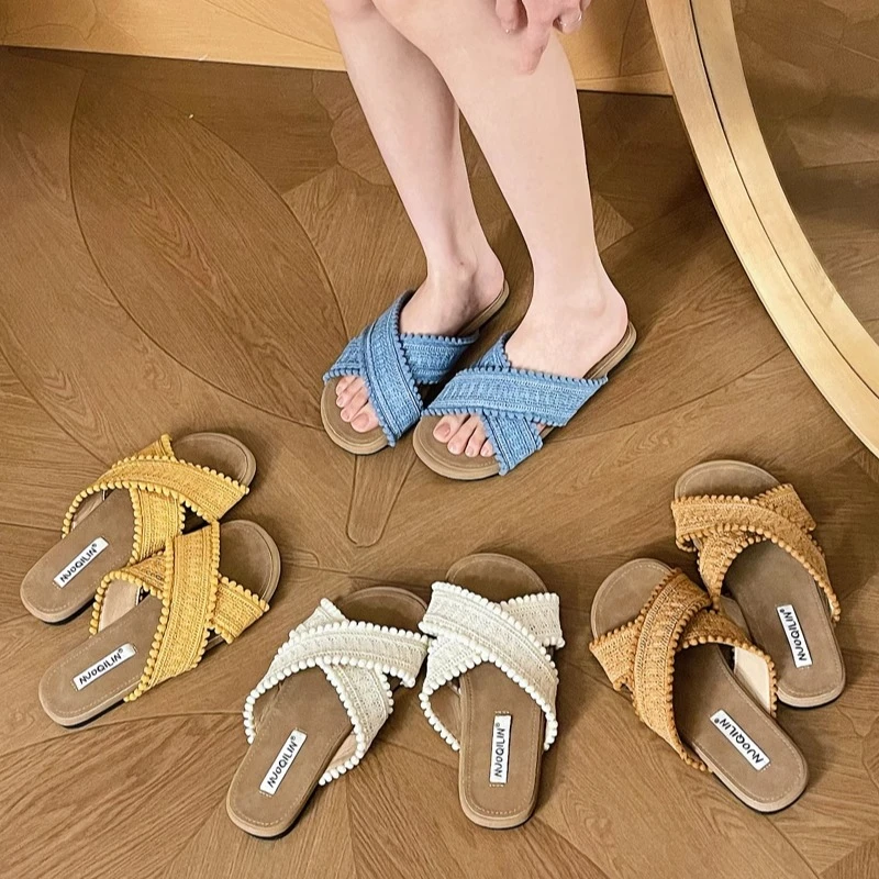 美猫汇真皮底法式复古交叉拖鞋女外穿海边沙滩拖鞋平底软底一字鞋