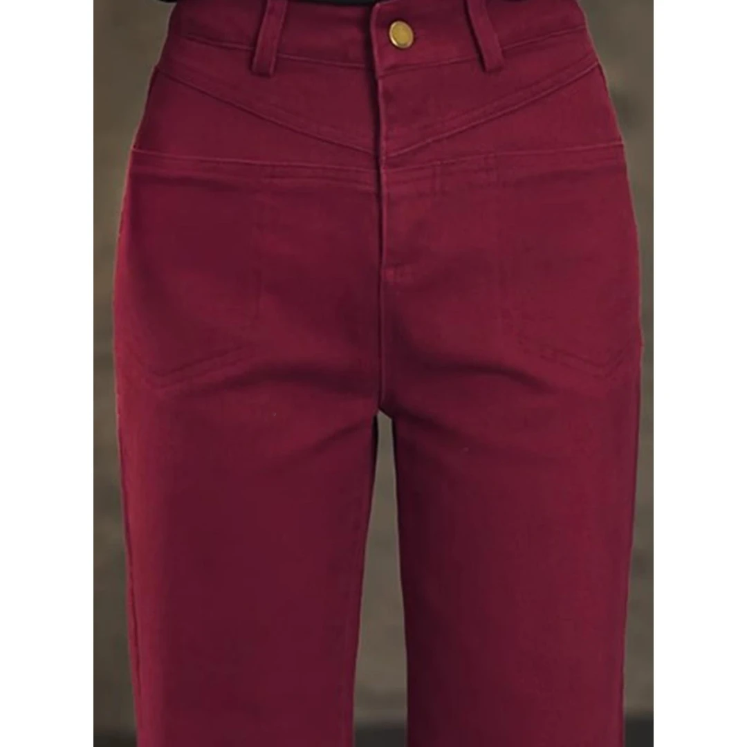 覆古红色窄版阔腿牛仔裤女新款2025年爆款秋冬款高腰加绒直筒裤子