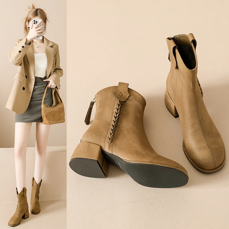 2025冬新款时尚休闲时装靴复古粗跟圆头西部气质短靴女