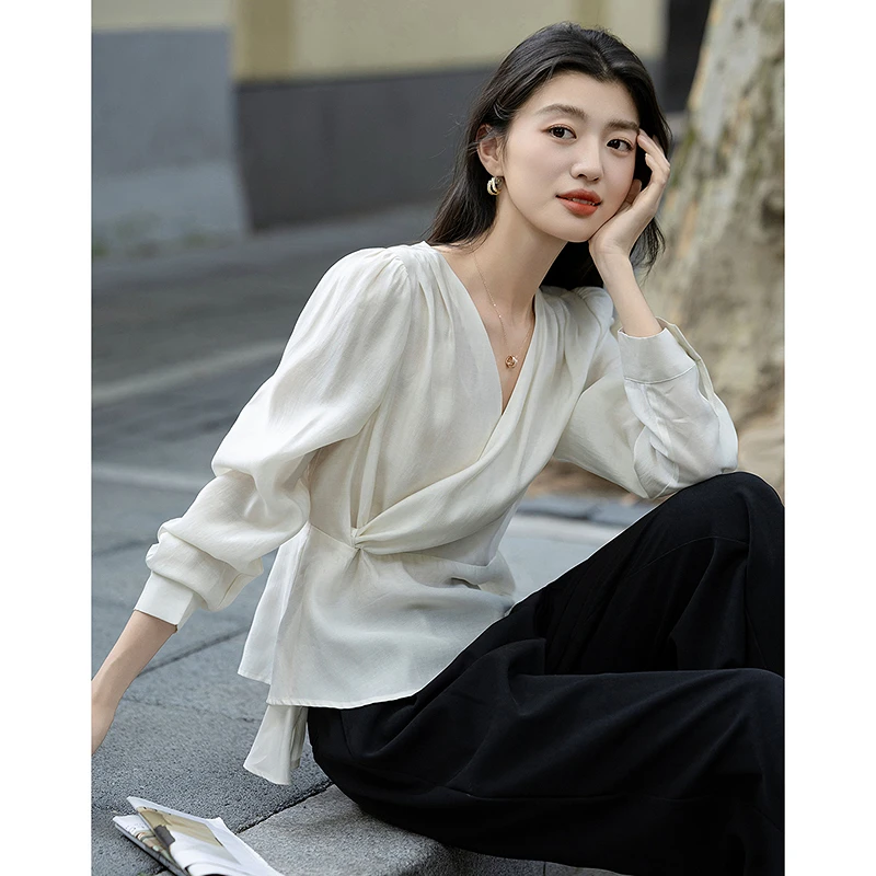 德·玛纳品牌女装轻氧莱赛尔混纺秋季交叉V领收腰衬衫不规则衬衣