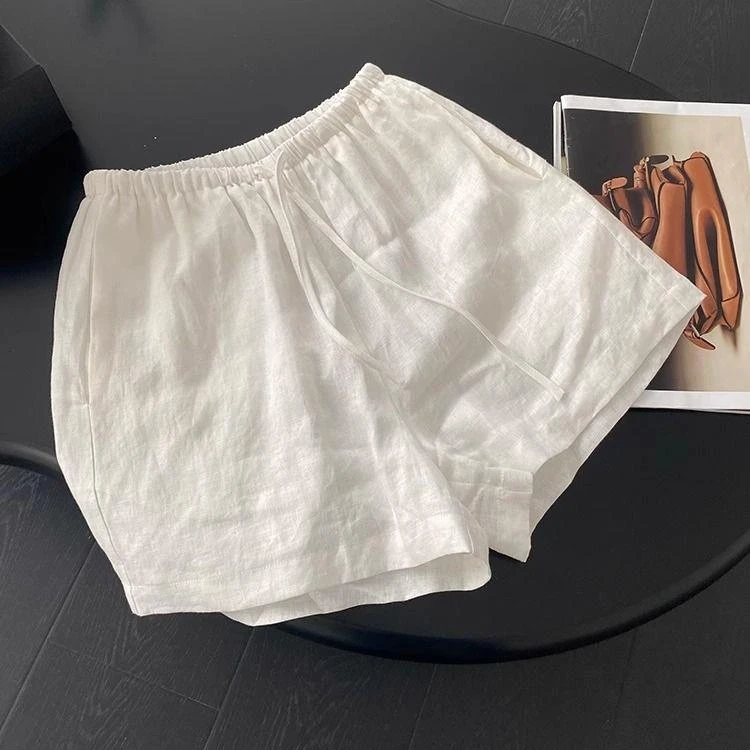 高级感白色亚麻阔腿裤女2025夏季新款松紧腰短裤宽松休闲a字裤潮