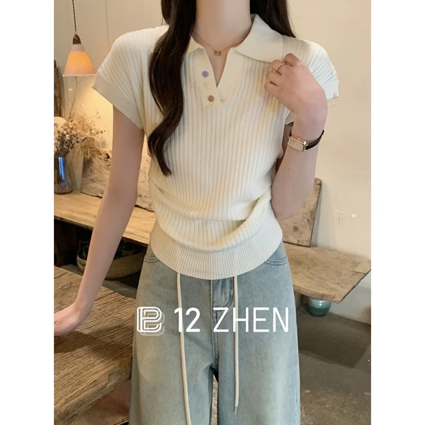 2025春夏韩版纽扣polo领气质褶皱设计感百搭纯色针织衫短袖上衣女