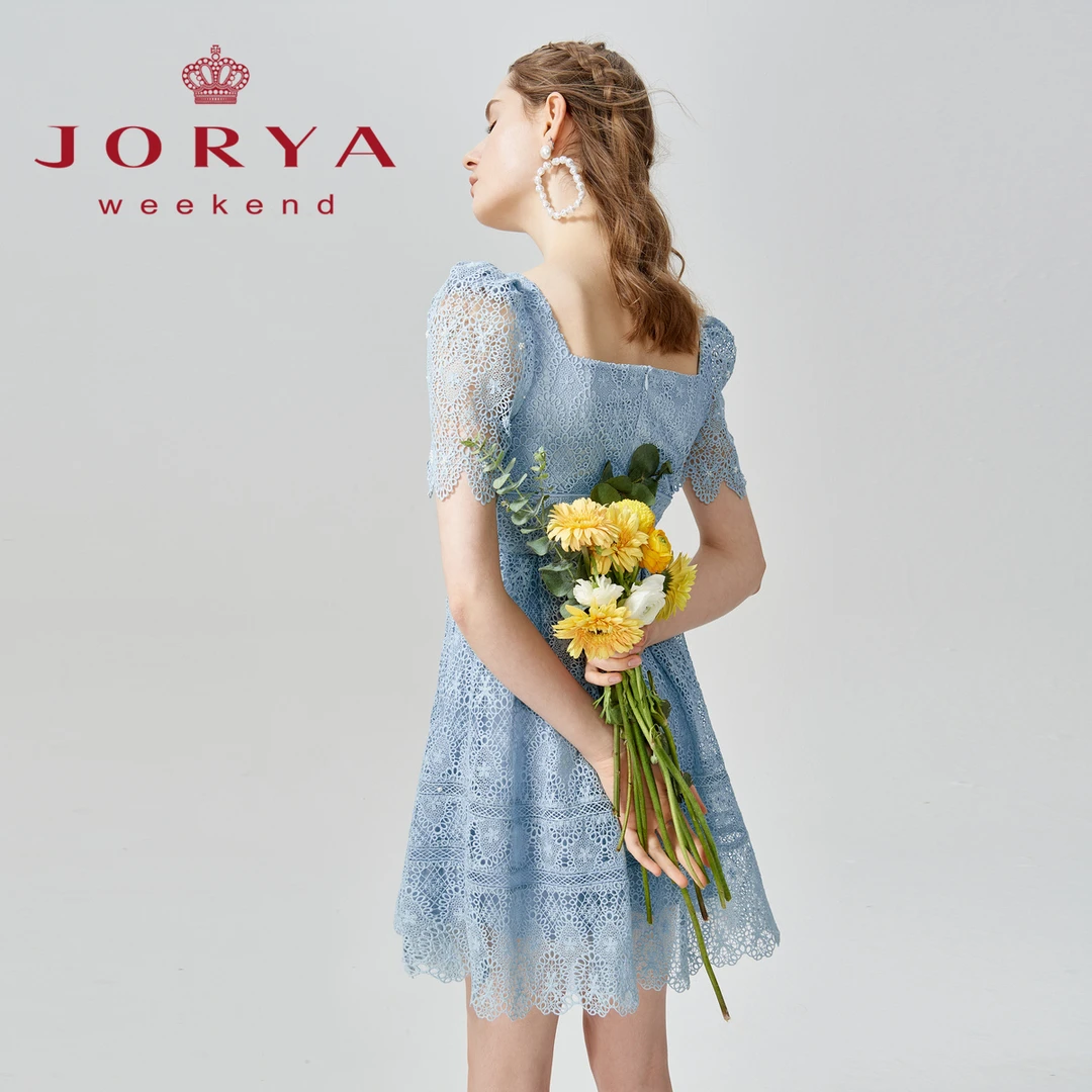 法式甜美镂空蕾丝方领a字收腰钩花连衣裙女EJWCBR58