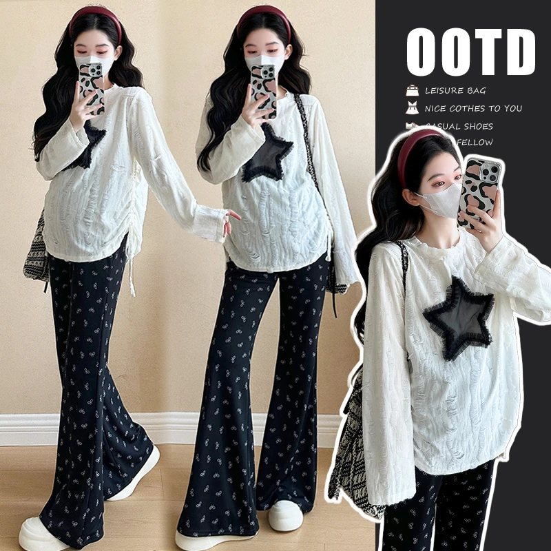 高级感孕妇套装春秋款外穿韩版褶皱星星设计T恤孕妇喇叭裤两件套