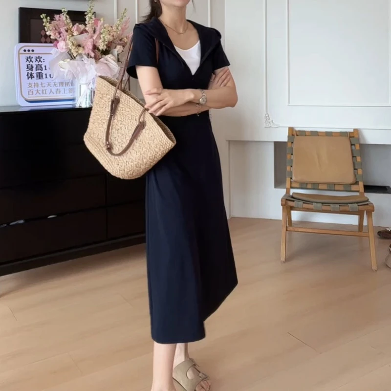 夏季休闲复古法式显瘦连帽假两件收腰连衣裙LK2502762