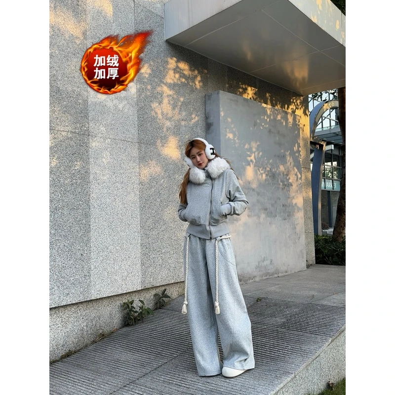 【当日发】加绒加厚灰色毛领连帽卫衣外套女加绒弯刀裤套装010801