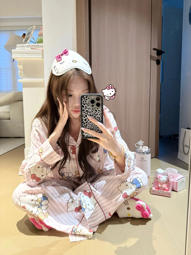 日系ins风甜美可爱卡通凯蒂猫印花睡衣女春秋长袖长裤家居服套装