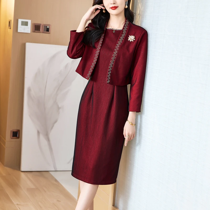 酒红礼服两件套套装喜婆婆婚宴装2025秋季新款名媛气质包臀连衣裙