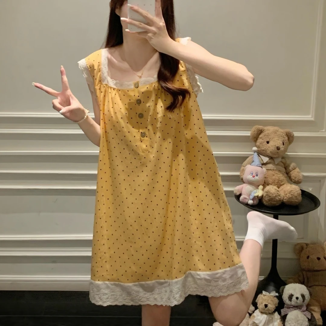 带胸垫甜美少女波点睡裙公主风无袖花边连衣睡裙夏季可爱居家服