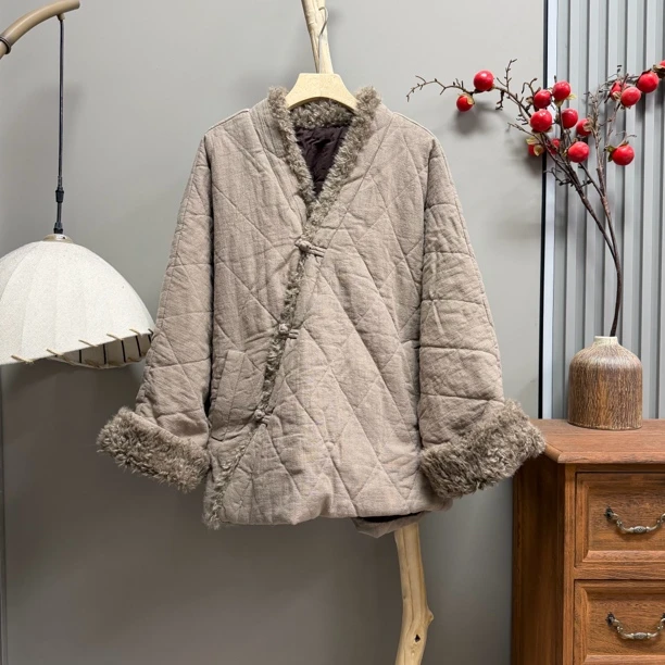 85219亚麻斜襟盘扣拼接毛棉衣外套（衣长68胸围144）