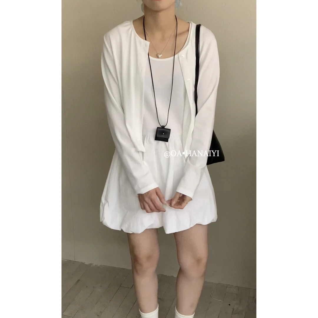 6169#芭蕾风背心裙针织开衫三件套（配包包）