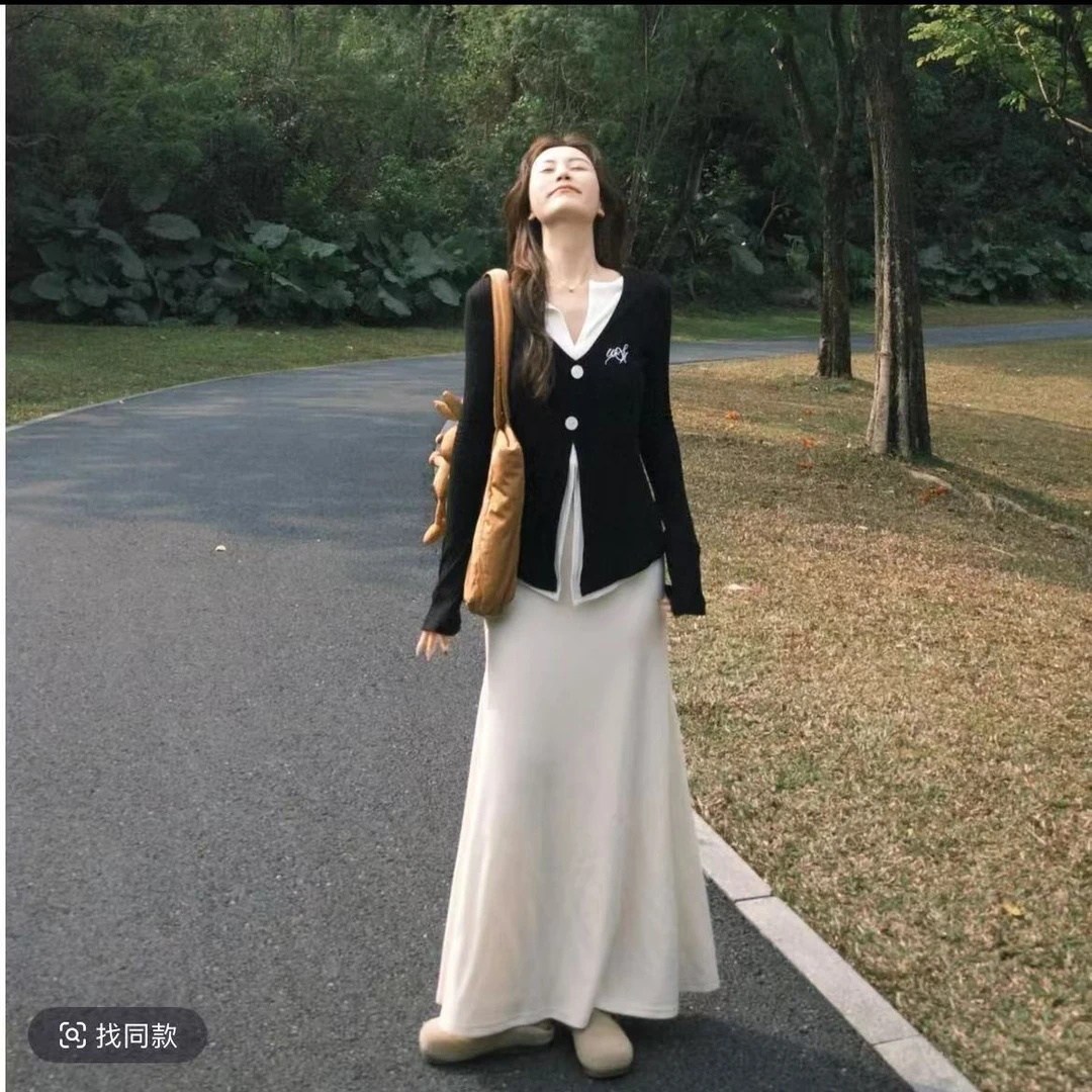 韩系简约通勤韩版时尚套装显瘦假两件上衣+半身裙两件套