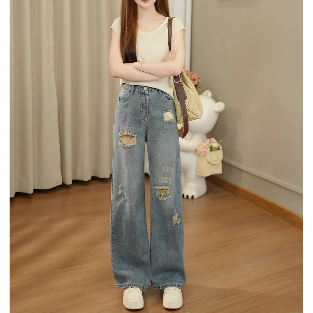 小个子新款复古蓝破洞阔腿牛仔裤拖地裤宽松慵懒显瘦高腰直筒女