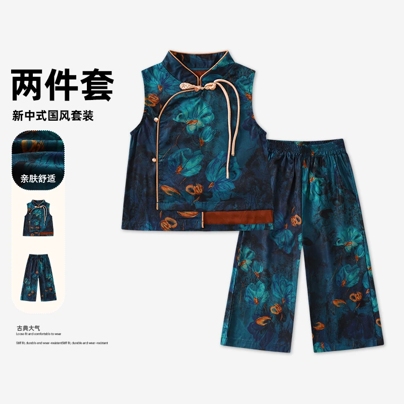 夏季女童新中式盘扣套装国风复古碎花休闲两件套MZC094-tylj