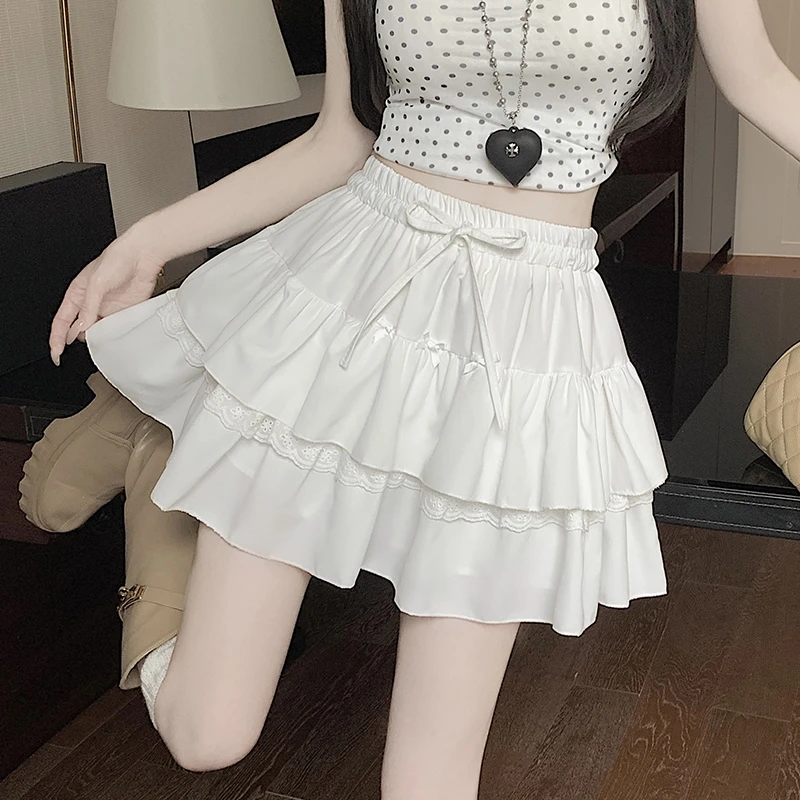 白色蕾丝边短裙女春夏秋2025新款芭蕾风蛋糕裙高腰A字蓬蓬半身裙