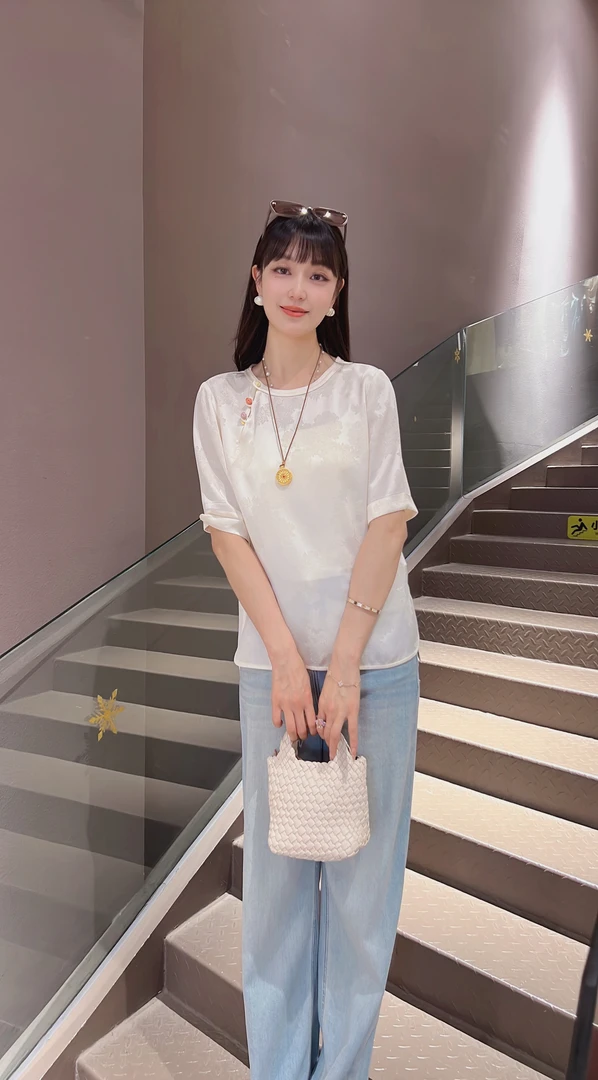 《ELFBOX》时尚中国风百搭复古宽松圆领中式气质提花透气短袖4860