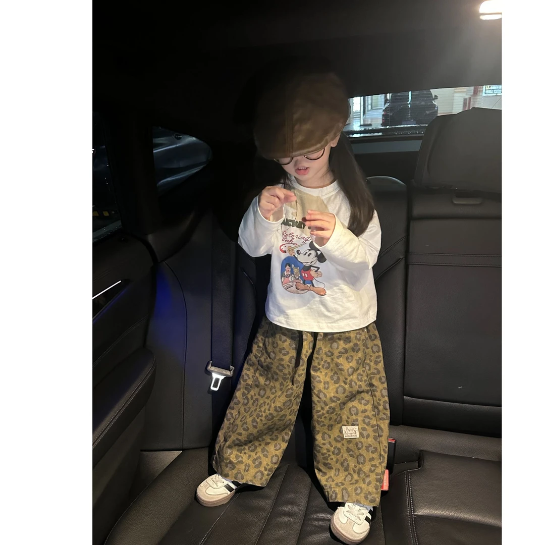壹妈韩版童装女童秋装套装洋气儿童休闲米奇t恤上衣时髦豹纹裤子