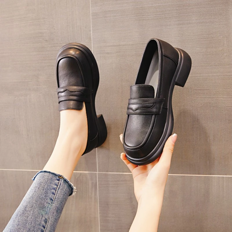 真皮女鞋2025春新款粗跟增高英伦风小皮鞋圆头一脚蹬乐福鞋女单鞋