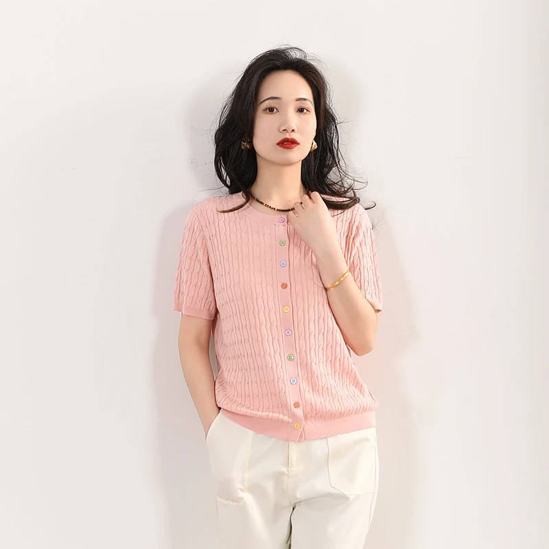 EKNR桑蚕丝+莱赛尔天丝+棉重工全身绞花彩色小扣圆领短袖针织开衫