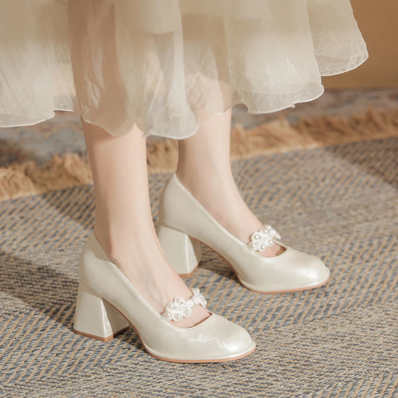 通勤风高跟鞋一脚蹬单鞋米白色配裙子百搭女鞋夏季浅口方头皮鞋子