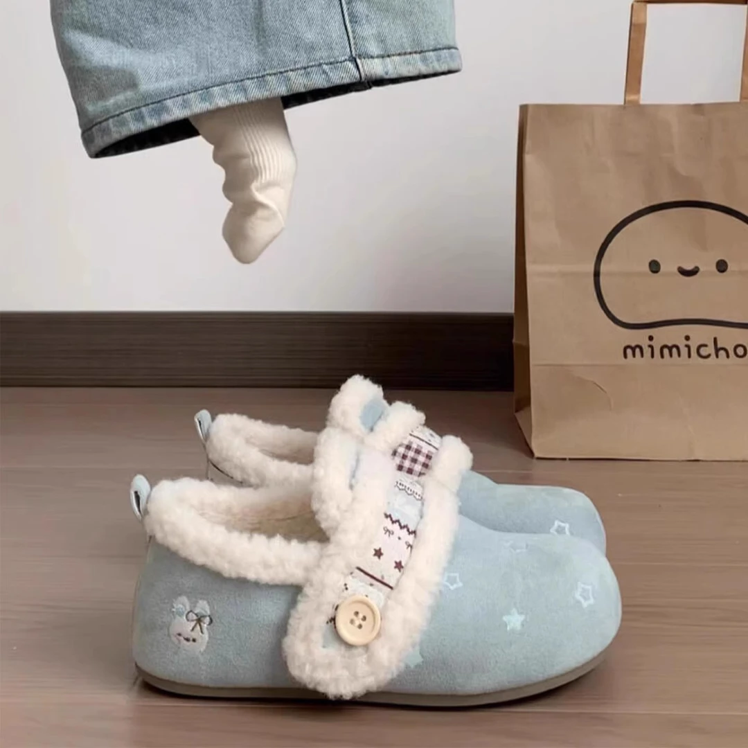 复古厚底一脚蹬加绒勃肯鞋女2025新款冬季保暖毛毛鞋小白鞋二棉鞋