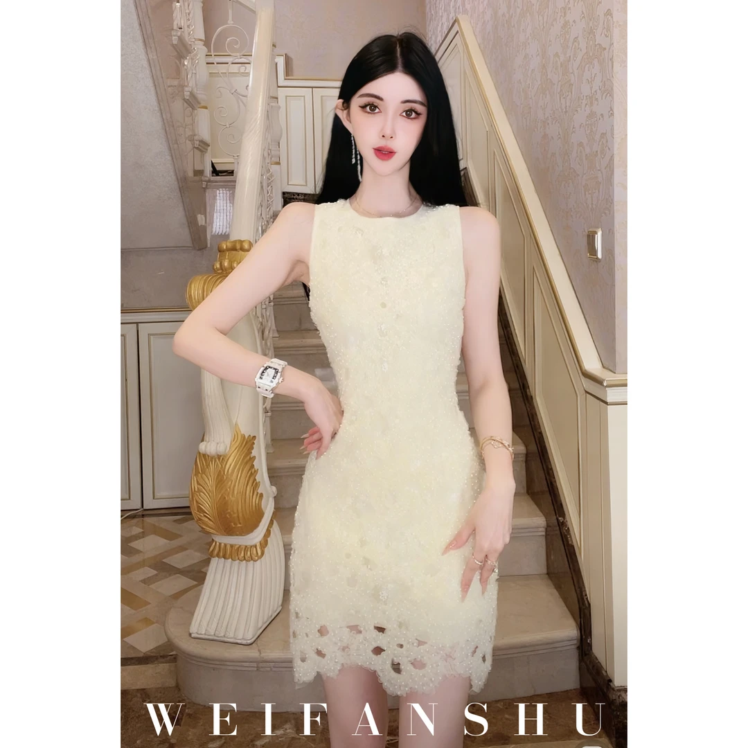 WEIFANSHU/魏凡舒【蜜糖千金】春夏新款重工钉珠气质修身无袖连衣裙