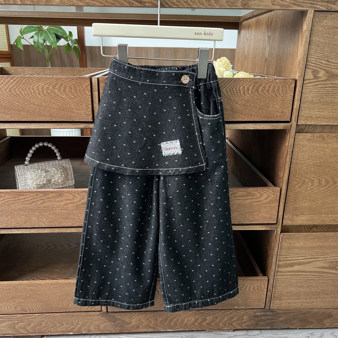 【阔腿牛仔裤】8922（黑色）裤子 女童洋气百搭 爱心波点 阔腿牛仔裤