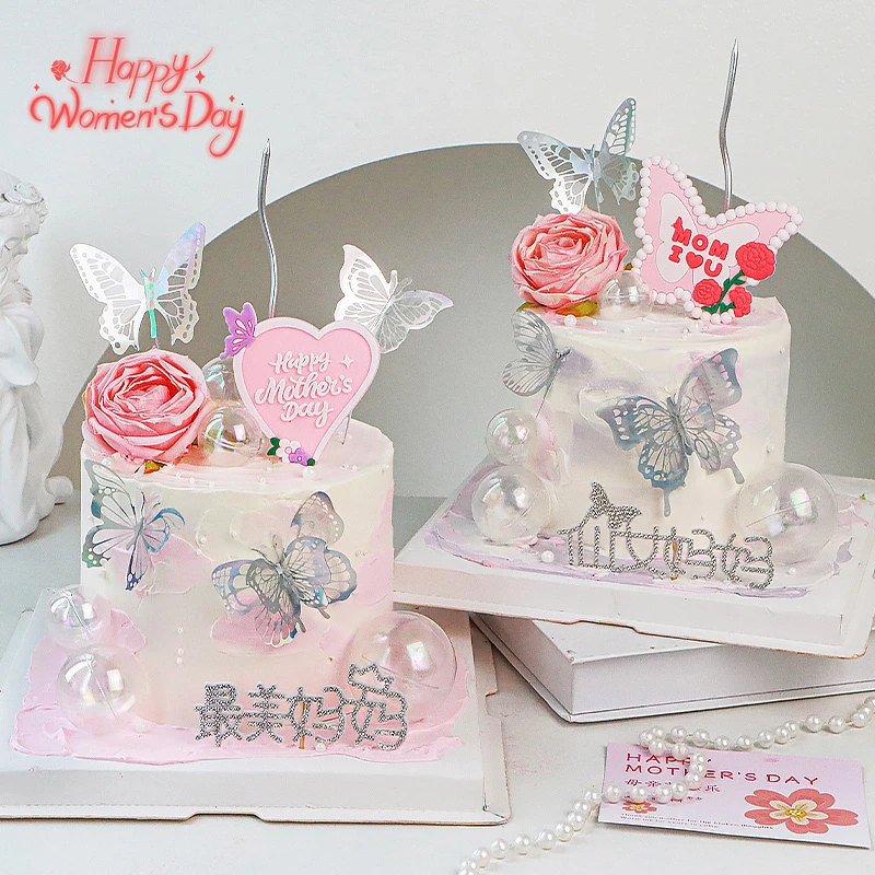 母亲节蛋糕装饰软胶蝴蝶郁金香摆件钻石仙女妈妈插牌珍珠爱心装扮