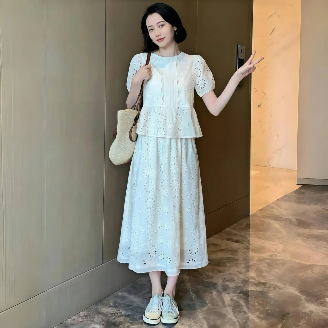 欧若风韩系太阳花短袖上衣镂空半身裙两件套夏日绝美穿搭韩系套装