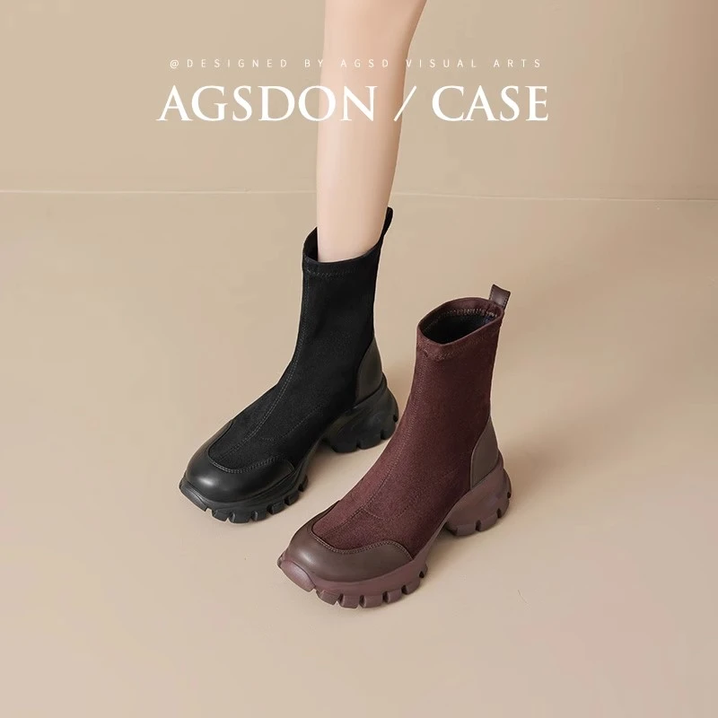 644167厚底马丁靴女新款秋冬黑色套筒瘦瘦短靴百搭中筒靴子