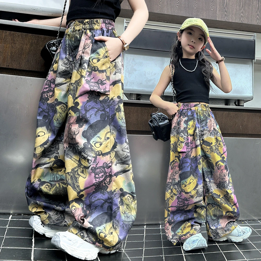 扎染渐变魔童哪吒印花直筒裤女童2025春夏新款薄款宽松百搭阔腿裤