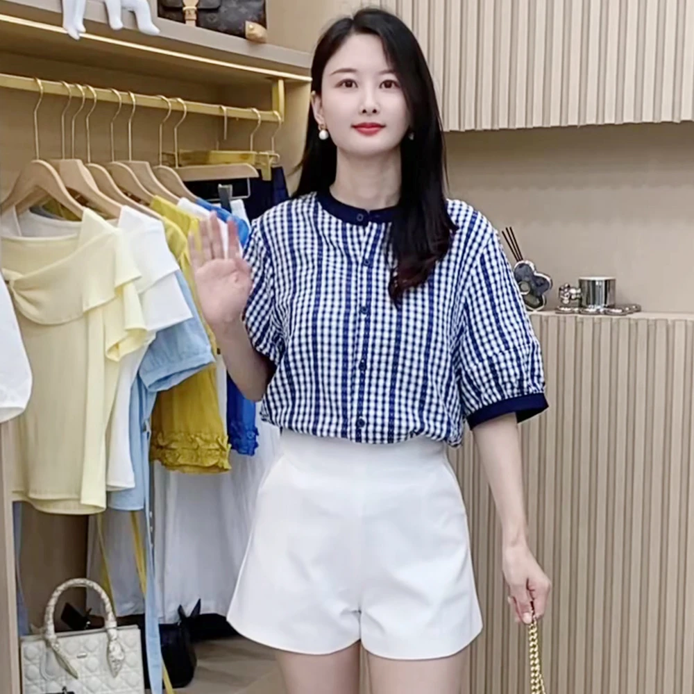 休闲风时尚百搭衬衣女2025年夏季宽松韩版遮肚子显瘦高腰格子上衣