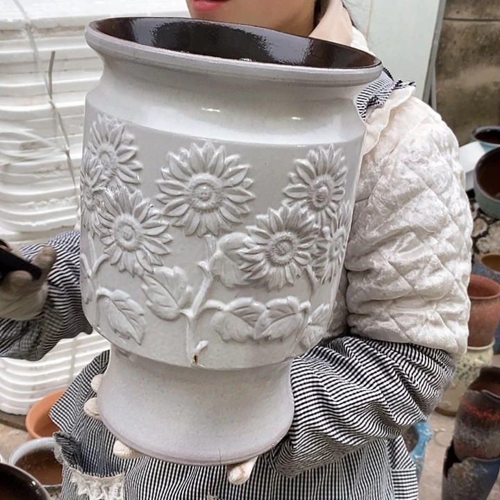 紫砂花盆底部烧裂瑕疵口20高31瑕疵