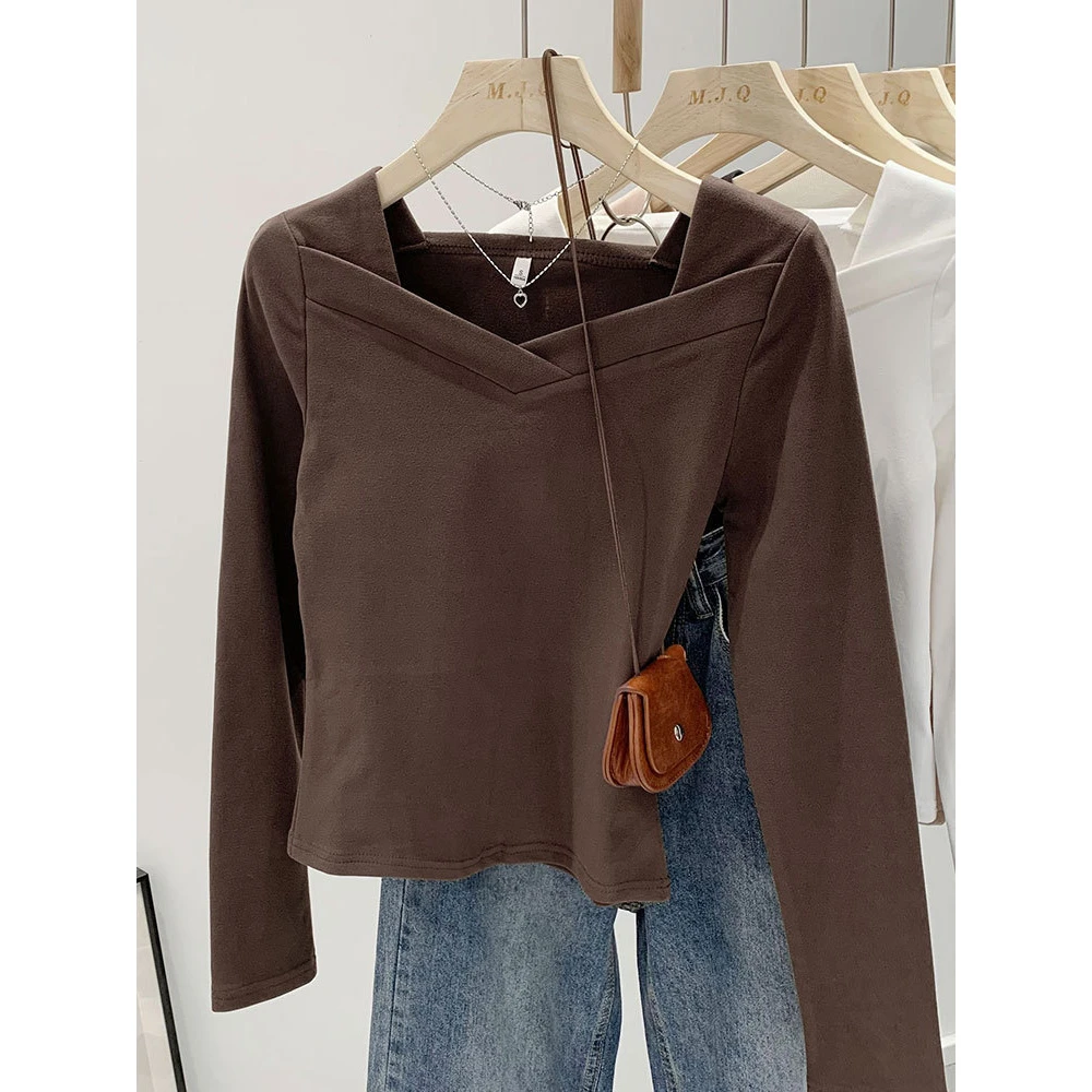 德绒V领打底衫内搭女2025新款春秋设计感长袖T恤修身上衣女外穿