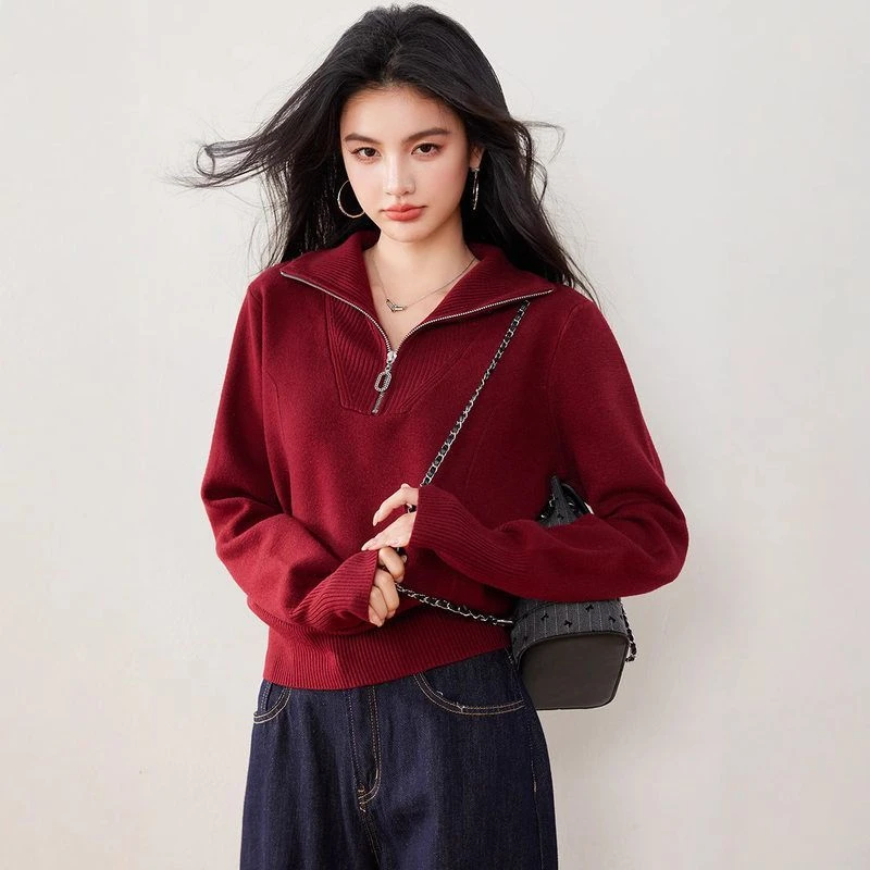 法式半开拉链翻领小香风毛衣女冬季新款加厚宽松套头针衫织上衣