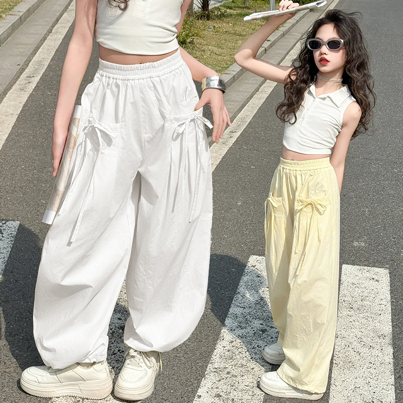女童裤子夏薄款女中大童2025新款休闲蝴蝶结抖抖裤初中生女直筒裤
