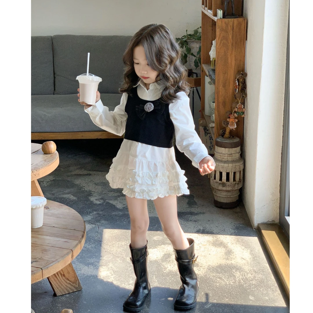 壹妈小香风套装女童秋季长袖翻领衬衫花苞连衣裙洋气时髦黑色背心