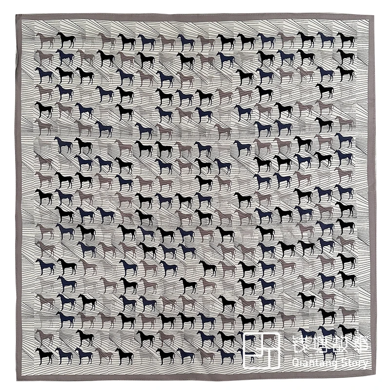 Qiantang Story/钱塘故事真丝双绉-70cm灰蓝骏马列队丝巾围巾68*