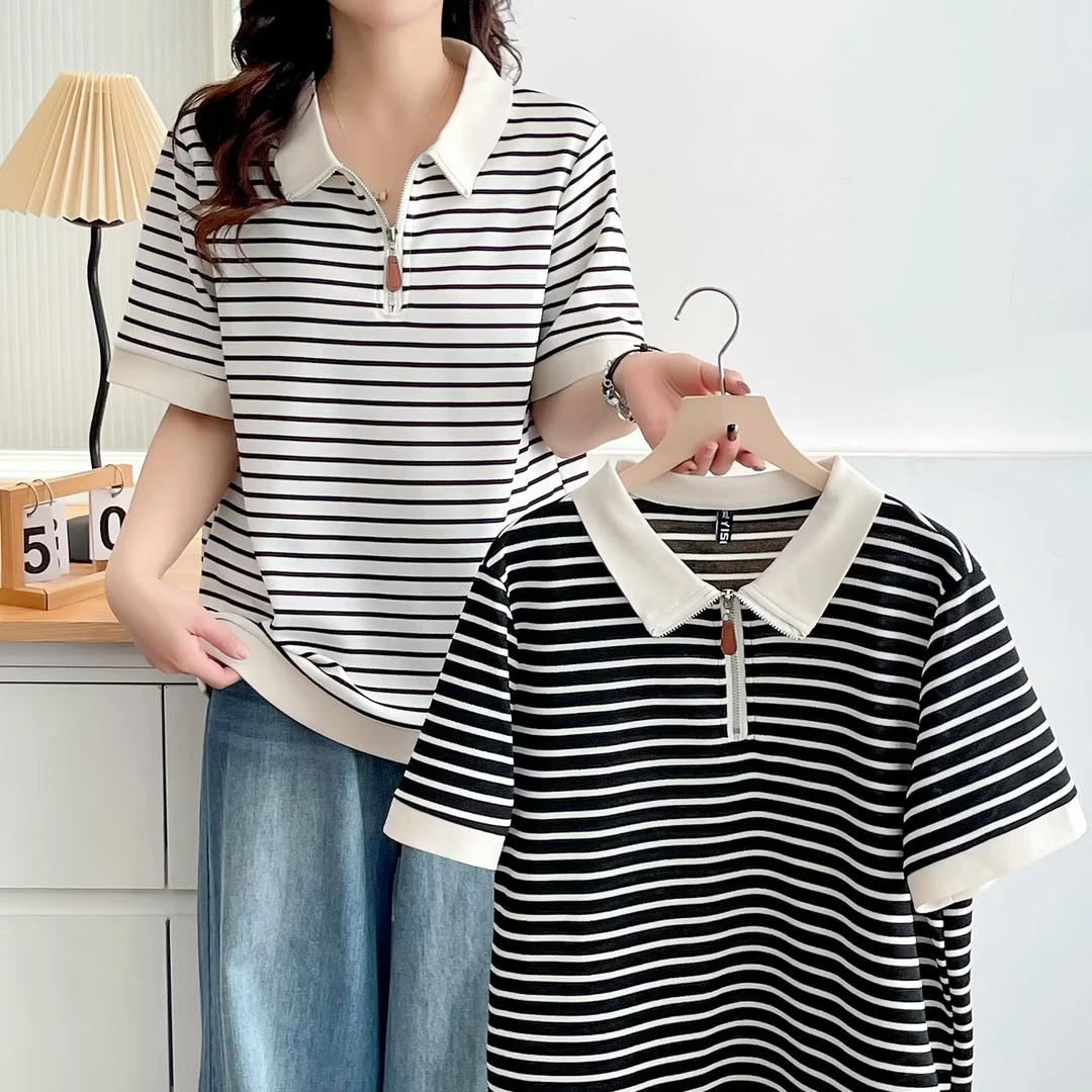 梦冬佳--110-200斤大码女装夏装休闲气质显瘦条纹翻领短袖T恤上衣