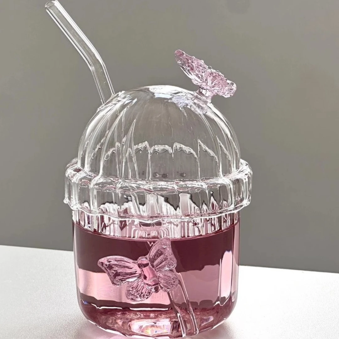 高颜值蝴蝶吸管杯带盖高硼硅玻璃杯