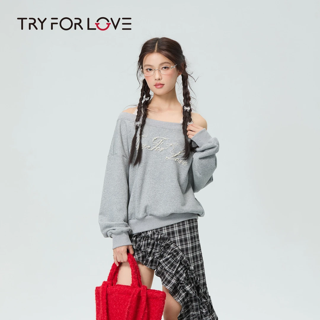 TRYFORLOVE早秋字母街头风长袖烫钻森系卫衣套头短款法式muji风