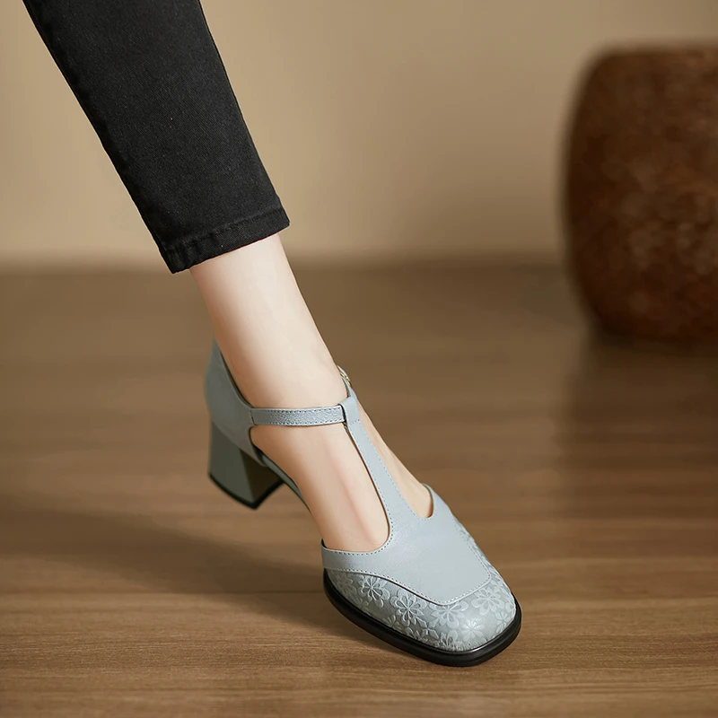 5cm~方头包头凉鞋女夏季新款丁字扣中空玛丽珍鞋赫本风格鞋子蓝色