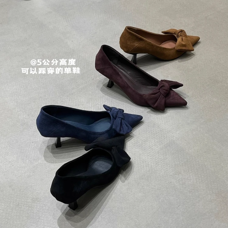 复古尖头绒面蝴蝶结高跟鞋女2025年秋季新款时尚百搭细跟通勤单鞋