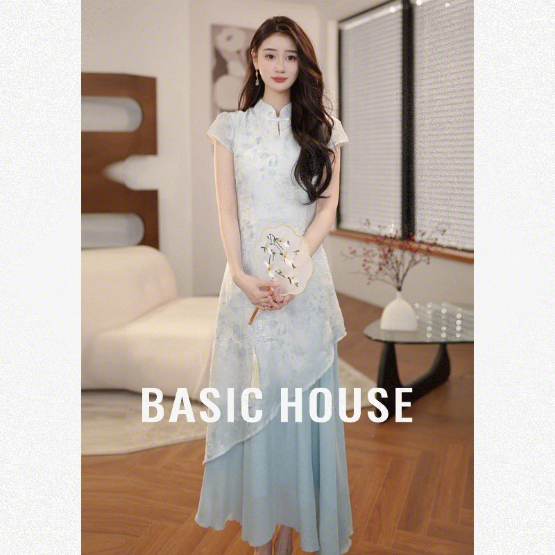 Basic House/百家好欧若新中式改良款假两件连衣裙蓝色旗袍B5Q452