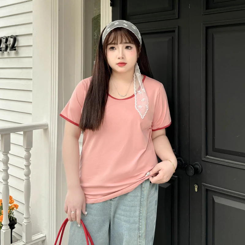 B2106【冰瓷U领T恤】冰瓷棉夏季包边撞色U领T恤遮肚子显瘦短袖上衣