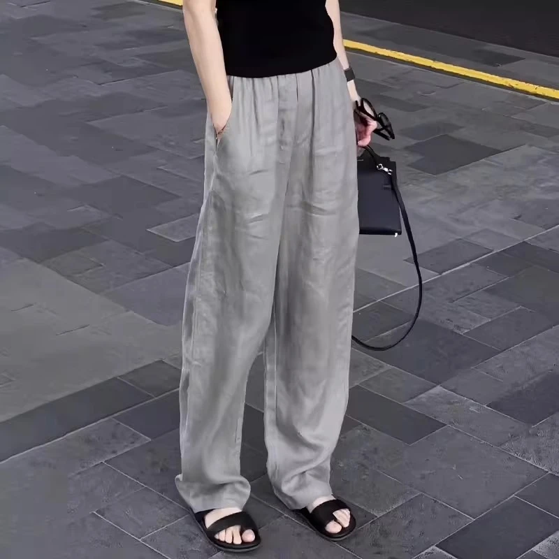 灰色慵懒风百搭休闲裤女夏季薄款梨形身材胖mm高腰显瘦宽松阔腿裤