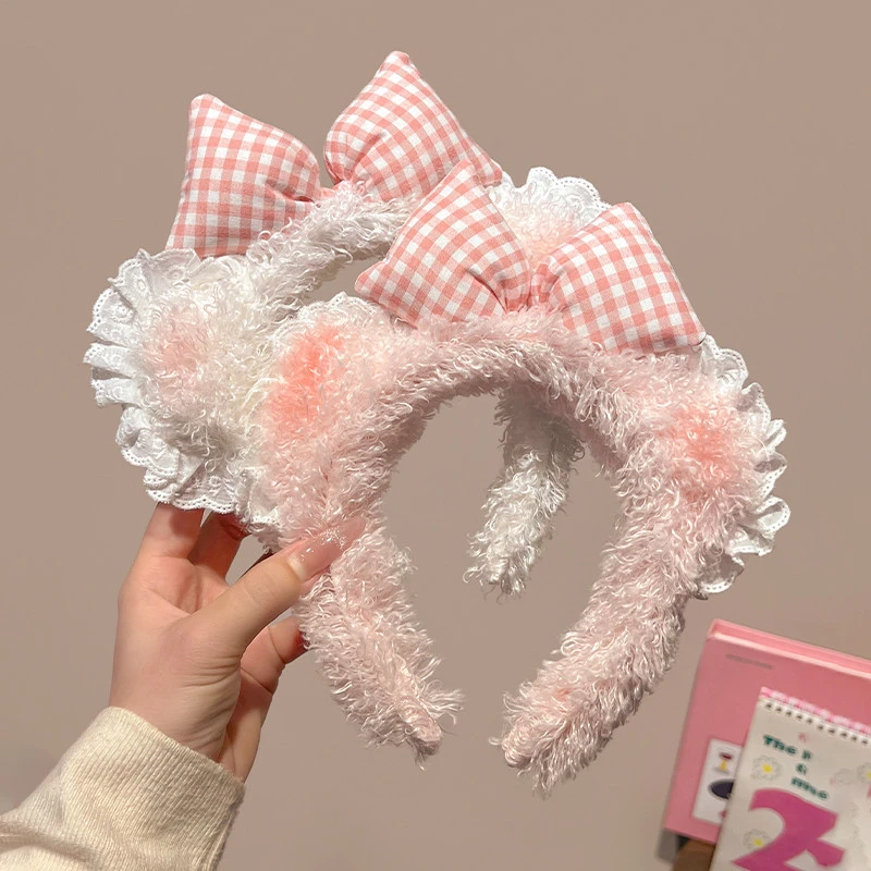 可爱粉色蝴蝶结小熊耳朵发箍女款压发秋冬毛绒洗脸头箍发卡子头饰