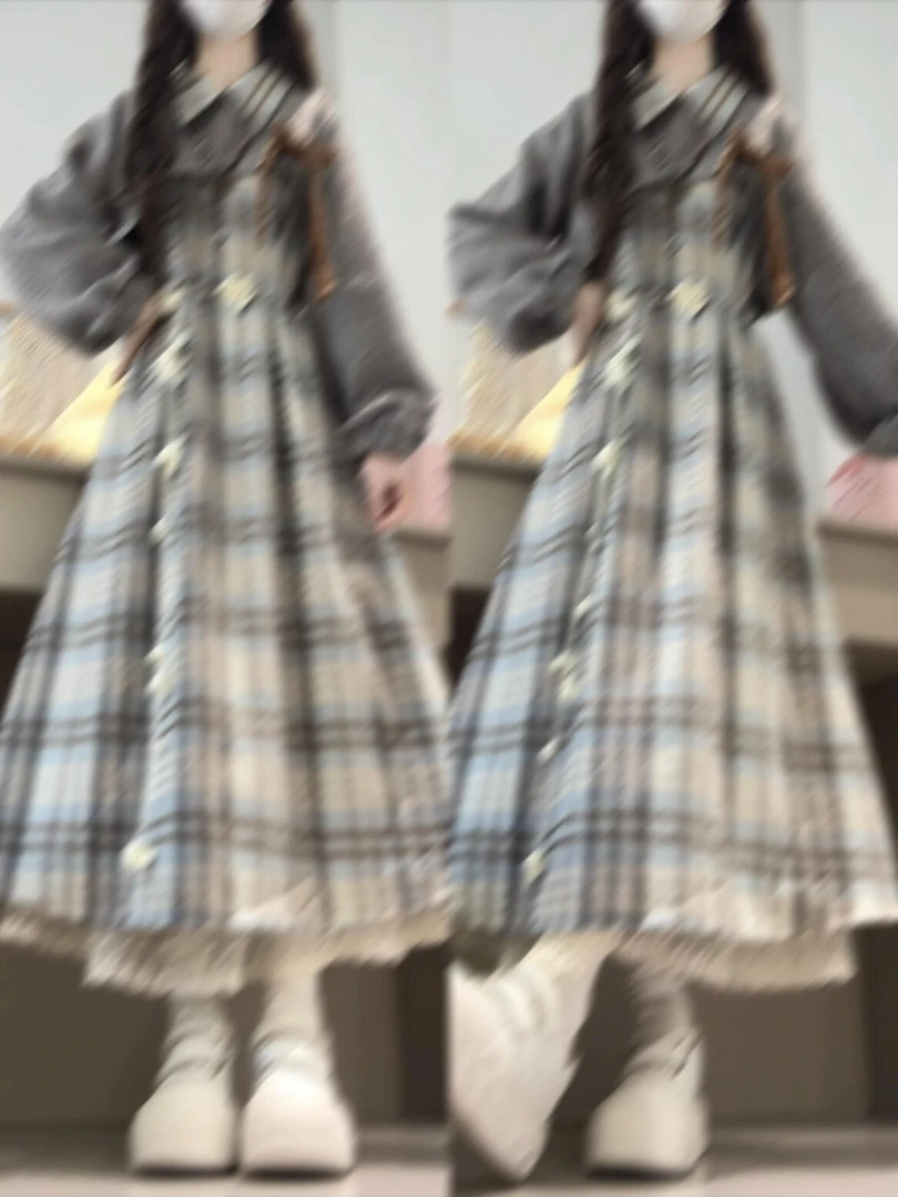 2025秋季法式温柔风灰色罩衫搭配格纹长袖连衣裙气质减龄两件套潮